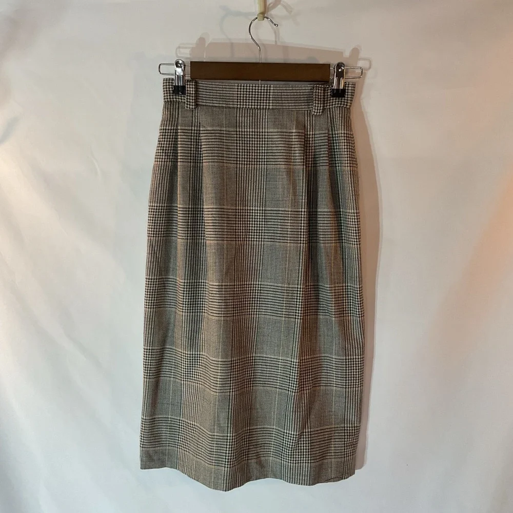 Vintage 4 Petite JH Collectibles Tan Plaid Midi Pencil Skirt USA Womens Union‎